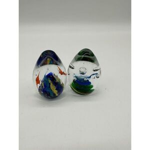 Paper Weight Glass Egg Shape 3 " Fish and Abstract Art Dynasty Set of Two
